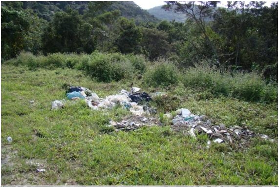 Fotografia 28: Deposição de grandes quantidades de lixo na Estrada-Parque e vista do maciço da Serra do Guararu ao fundo.